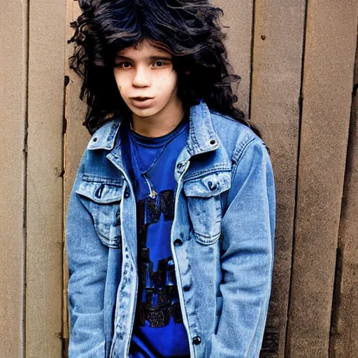 Image similar to teenage bboy, long shaggy hair permed hair, double denim, heavy rocker, 2 0 2 2 photograph