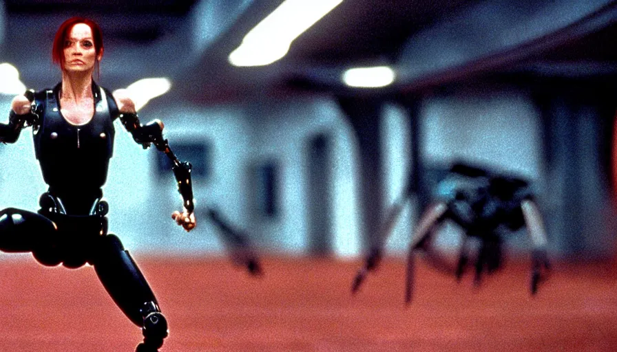 Prompt: The matrix, LeeLoo, Starship Troopers, Clarice Starling, The Olympics footage, hurdlers in a race with robotic legs, intense moment, cinematic stillframe, shot by Roger Deakins, The fifth element, vintage robotics, formula 1, starring Geena Davis, clean lighting