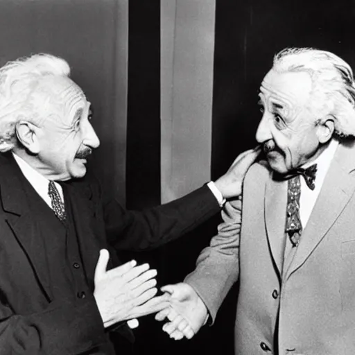 Image similar to albert einstein giving walt disney a high five, photograph, colorized, 1 9 5 4