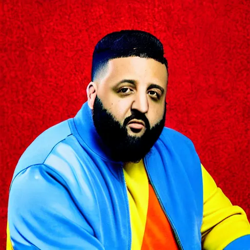 Image similar to ultra detailed portrait photo of dj khaled in a studio, blue, under red and yellow cinematic lighting, by van gogh, cartoon