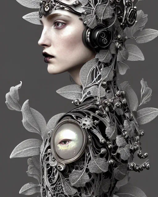 Image similar to monochrome profile portrait painting, silver lace floral steampunk biomechanical beautiful young female cyborg with techno eye, volumetric light, leaves foliage and stems, hibiscus flowers, sinuous fine roots, fine foliage lace, alexander mcqueen, rim light, big gothic fashion pearl embroidered collar, octane render, dutch masters, 8 k