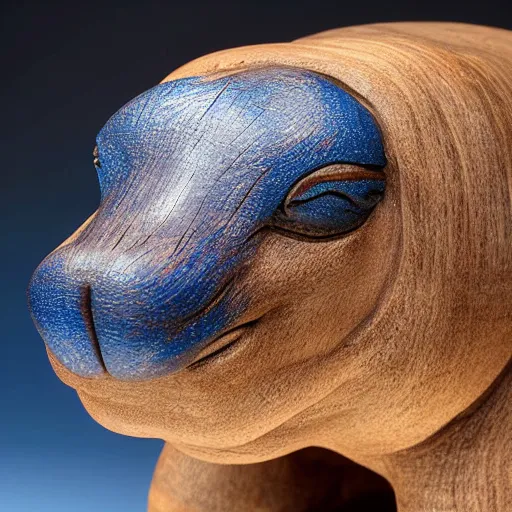 Image similar to a small smooth hippo statue carved from natural wood, dipped in polished blue resin, half and half, mixed media, side view