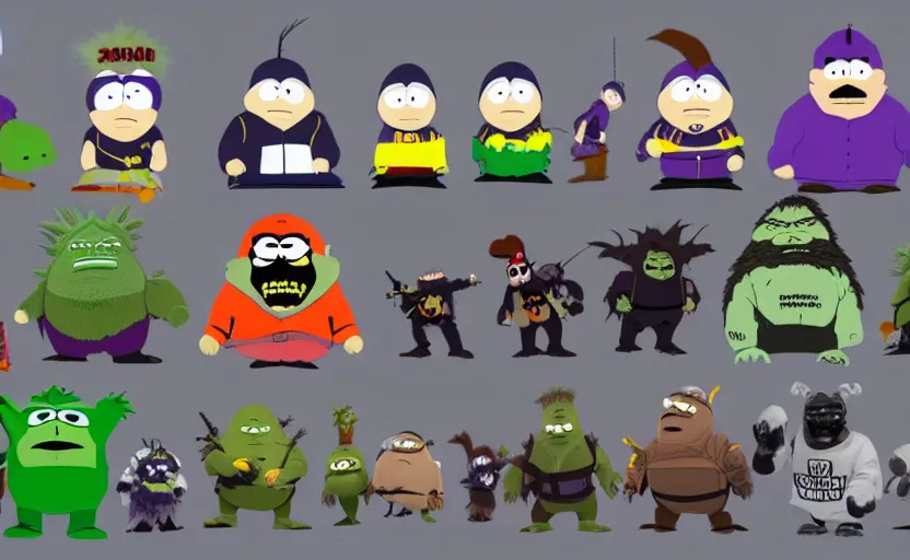 Image similar to south park godzilla yoda donkey kong pikachu yeti shrek super mario homer groot waluigi darth vader mike wazowski, highly detailed, extremely high quality, hd, 4 k, 8 k, professional photographer, 4 0 mp, lifelike, top - rated, award winning, cinematic, realistic, detailed lighting, detailed shadows, sharp, no blur, edited, corrected, trending