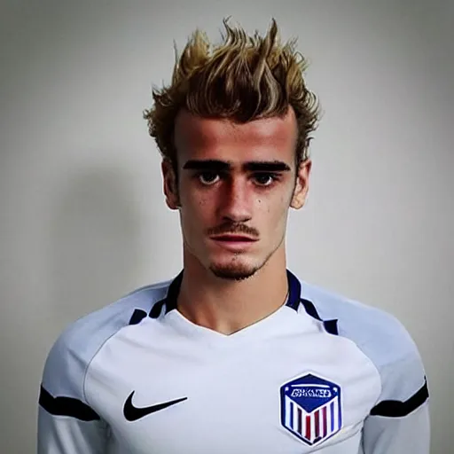 Image similar to “ a realistic detailed photo of a guy who is an attractive humanoid who is half robot and half humanoid, who is a male android, soccer player antoine griezmann, shiny skin, posing like a statue, blank stare, on the bed, on display ”