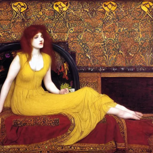 Image similar to preraphaelite photography reclining on bed, a hybrid of a hybrid of judy garland and lady gaga and a hybrid of anne hathaway and liza minelli, aged 2 5, big brown fringe, wide shot, yellow ochre ornate medieval dress, john william waterhouse, kilian eng, rosetti, john everett millais, william holman hunt, william morris, 4 k