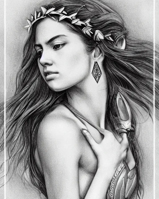 Image similar to pencil drawing of a beautiful greek goddess aphrodite wearing a laurel wreath and arrowhead earrings, beautiful confident eyes, beautiful flowing hair, hyper realistic face, in the style of artgerm, fantasy, amazing detail, epic, elegant, smooth, sharp focus, from the front, long shot