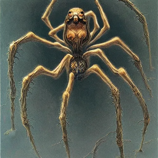 Image similar to spider morphed with hyena, many legs and eyes, large web, highly detailed beksinski art,