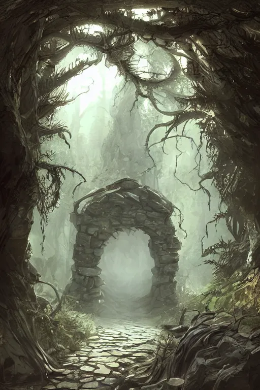 Image similar to dungeon Entrance in a forest, Artstation