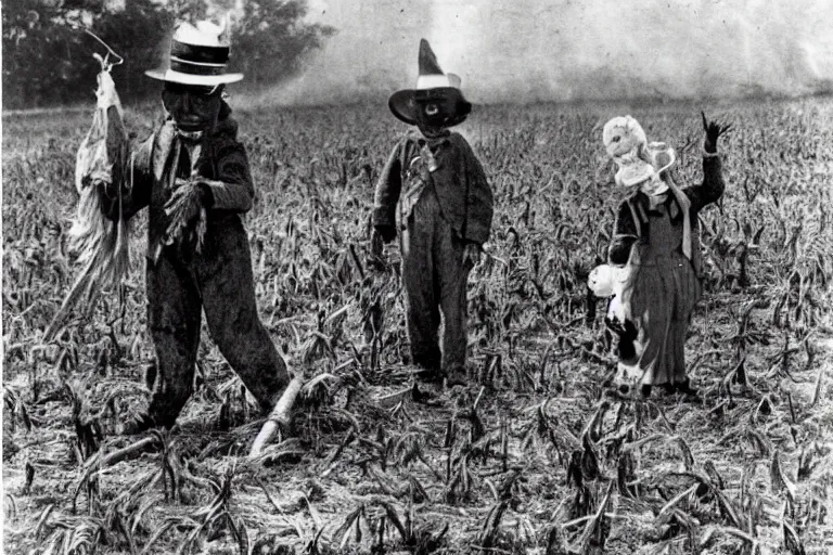 Image similar to disturbing scarecrow from the early 1 9 0 0's leading children into the burning cornfields