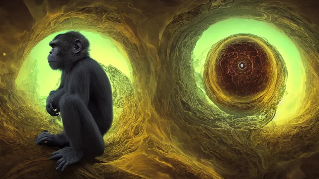 Prompt: A well composed portrait of a wide eyed monkey, shrouded in lsd visuals dmt visuals shroom visuals a monkey face spirals and fractal designs infinity, by anato finnstark and moebius and beeple and in the middle a portal back to reality, filmic, cinematic, into the void, octane render, pbr, path based rendering, volumetric clouds, particle physics, glorious