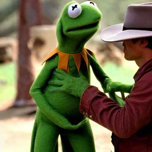 Prompt: kermit the frog in brokeback mountain, movie, photography,