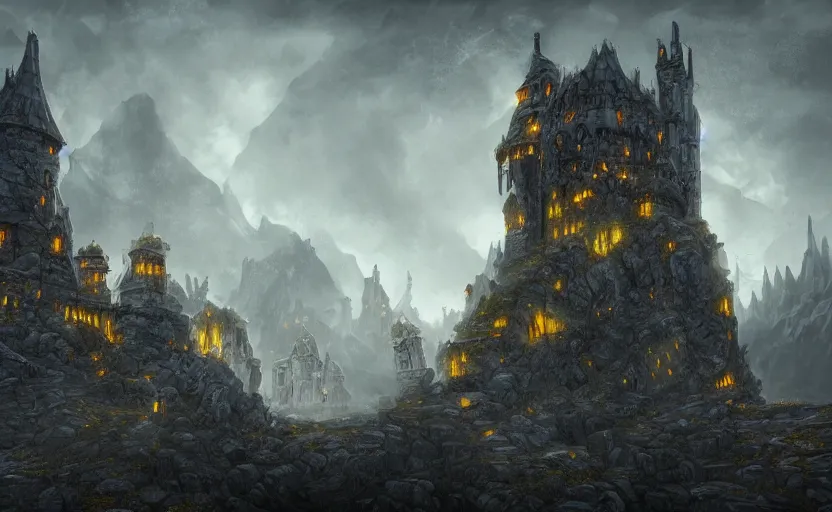 Prompt: an arcane fortress, magical and powerful, stone brick, laced with gold, landscape art, mindblowing, concept art, matte, illustration, ominous, magical, dnd, 4 k uhd, very detailed