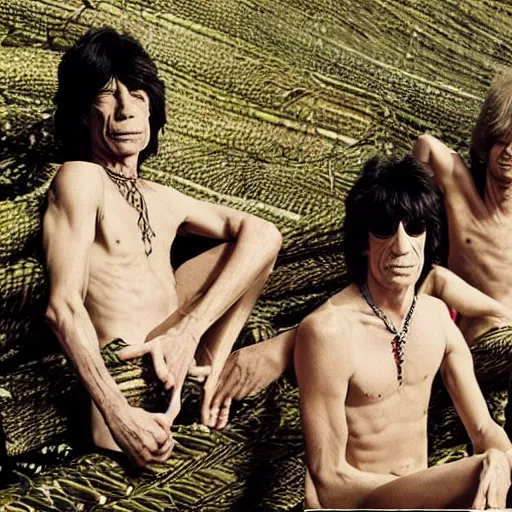 Image similar to the rolling stones band with their bodies made of bamboo in a deep meditation in normandie in france posing for vogue photoshoot photography