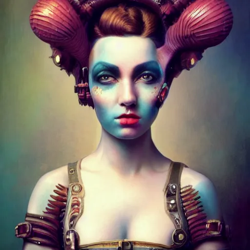 Image similar to photorealistic soft paint render of a curiosities carnival, single young beautiful dollpunk in a full steampunk corset, cyberpunk dyed haircut, symmetry accurate features, focus, rainbow lighting, very intricate details, award winning masterpiece, by tom bagshaw