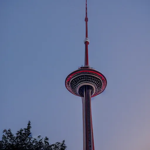 Prompt: Toronto tourist guide with planet mars as a head impaled on Toronto space needle, dramatic cinematic lighting