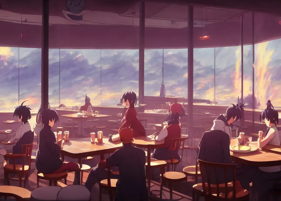 Prompt: an interior of wizards inside a diner with coffee on the table, makoto shinkai, smoky, matte painting