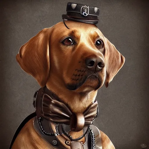 Prompt: a steampunk dog, digital art, hyperrealistic