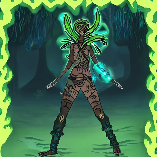 Prompt: a battle - scarred adventurer, she is surrounded by bioluminescence in a glowing alien jungle, fantasy