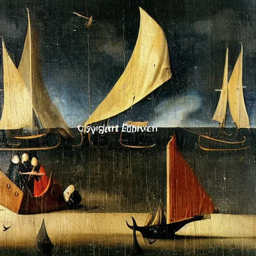 Image similar to oil painting by hieronymous bosch of a caravel sailing ship sailing with sails set. people with silly expressions on the ship. dolphins and whales play around the ship.