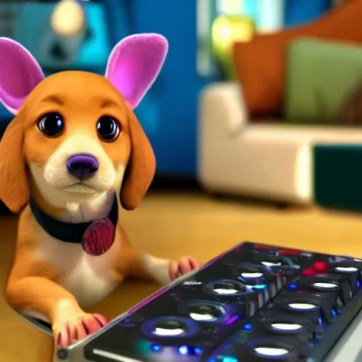 Image similar to puppy as a DJ, 8k, by Pixar