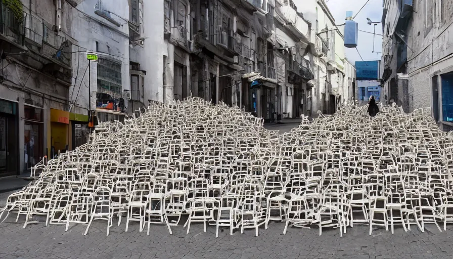 Image similar to chairs piled up ten meters high along the walls of the street, hyperrealistic shaded