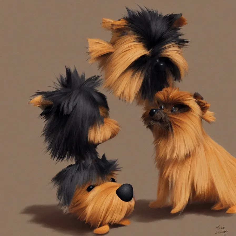 Image similar to Goro Fujita ilustration a very cute Yorkshire Terrier, with black and caramel fur on top of a plush monkey toy, painting by Goro Fujita, sharp focus, highly detailed, ArtStation