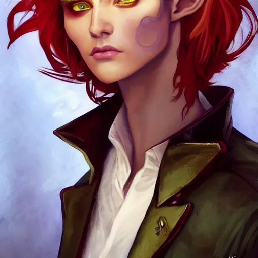 Prompt: dnd character portrait of a beautiful and androgynous half - elf with messy short red hair and catlike features and caramel skin tone and yellow eyes with slit pupils, glowing, golden hour, wearing a colorful men's suit, realistic painting by ross tran and gerald brom and alphonse mucha, trending on artstation