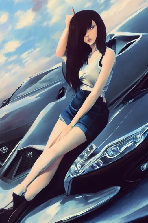 Image similar to A ultradetailed beautiful panting of a stylish woman sitting on a Nissan GTR, Oil painting, by Ilya Kuvshinov, Greg Rutkowski and Makoto Shinkai