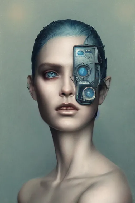 Prompt: a beautiful portrait of a cyberpunk female, detailed, realistic eyes, symmetry body features proportions, bioluminescence, award winning, by Tom Bagshaw