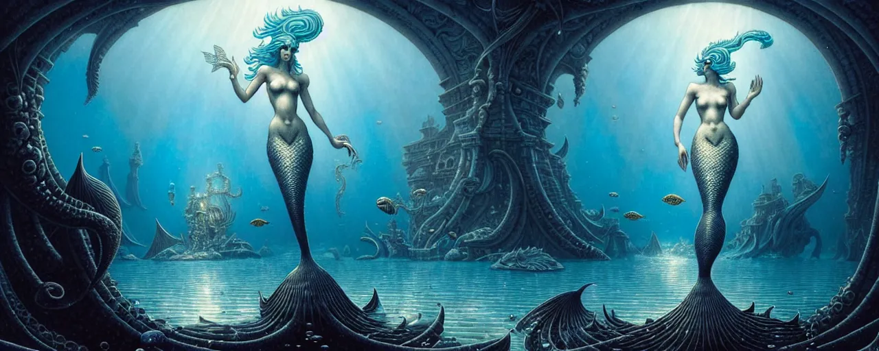 Image similar to a graceful beautiful mermaid looking at the sunken city of Atlantis deep under water, stunning undersea intricate detailed grand architecture in the style of Joe Fenton, art style by Greg Rutkowski and Mohrbacher and Gerald Brom and H. R. Giger, deep underwater scene, dark and moody, rays of sunlight, faint volumetric god rays, grim crushing atmosphere, trending on artstation, masterpiece, claustrophobic, dizzy, sharp focus, 8k octane beautifully detailed render, post-processing, extremely hyperdetailed, intricate, epic composition, grim yet sparkling atmosphere, cinematic lighting + masterpiece, trending on artstation, very detailed, Art Nouveau