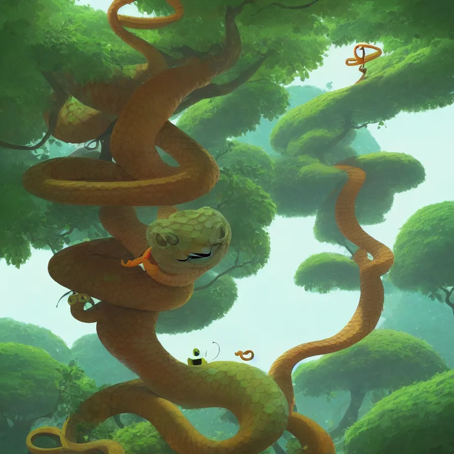 Image similar to Goro Fujita illustrating a snake with geometric figures climbing a large tree in a jungle, art by Goro Fujita, sharp focus, highly detailed, ArtStation