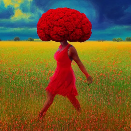 Image similar to giant red carnation afro head, full body, girl walking in the middle of a field with flowers, surreal photography, hills, sunrise dramatic light, impressionist painting, colorful clouds, digital painting, pointillism, artstation, simon stalenhag