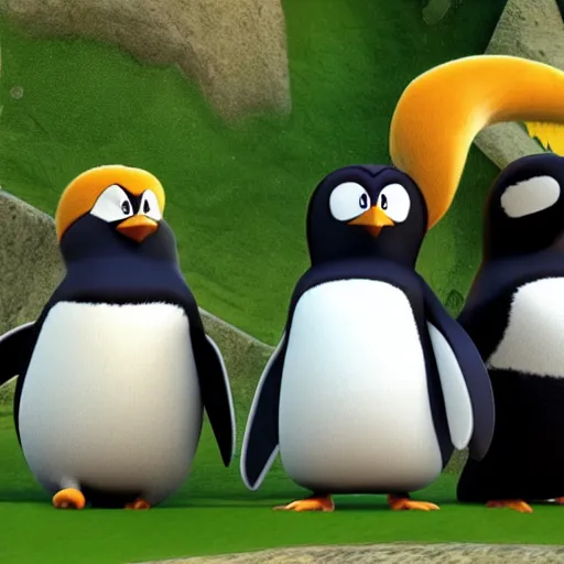 Image similar to penguins from Madagascar invading the pokemon world, 4k