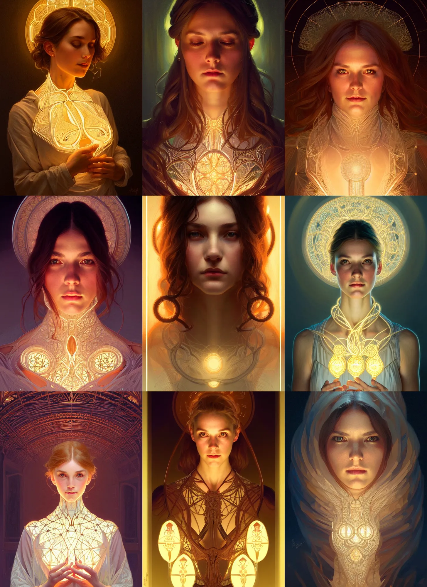 Image similar to symmetry!! portrait of a woman, cottagecore!!, glowing lights!! intricate, elegant, highly detailed, digital painting, artstation, concept art, smooth, sharp focus, illustration, art by artgerm and greg rutkowski and alphonse mucha