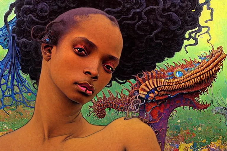 Prompt: realistic extremely detailed closeup portrait painting of a beautiful black woman, mutant dragon and a single old house on background by Jean Delville, Amano, Yves Tanguy, Ilya Repin, Alphonse Mucha, Ernst Haeckel, Edward Robert Hughes, Roger Dean, rich moody colours