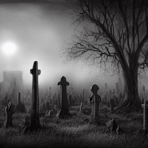 Prompt: an endless eerie graveyard with ancient tombstones, misty, strands of fog, catacomb in background, frame is flanked by dark trees, creepy, night, finely detailed extremely realistic black and white pencil drawing