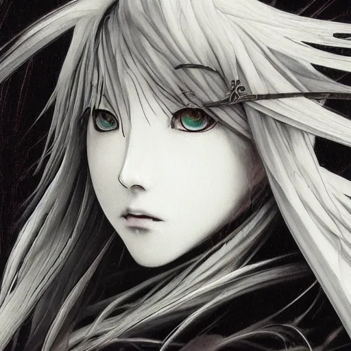 Image similar to yoshitaka amano blurred and dreamy illustration of an anime girl with pirate eye patch, wavy white hair and cracks on her face wearing elden ring armour with the cape fluttering in the wind, abstract black and white patterns on the background, noisy film grain effect, highly detailed, renaissance oil painting, weird portrait angle