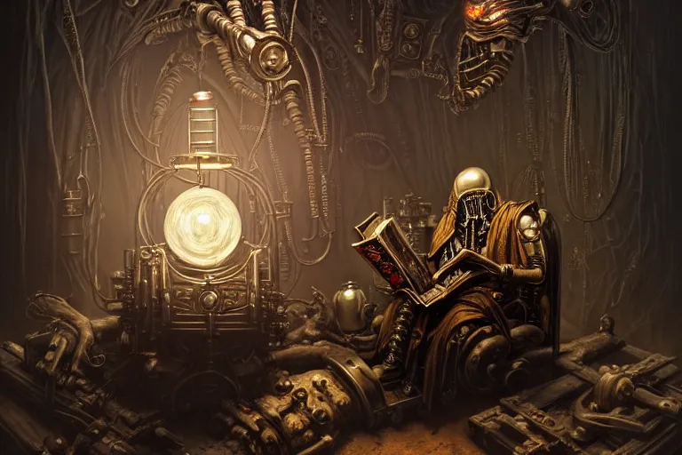 Prompt: Mechanicus Tech-Priest reading an old book, fantasy, sci-fi, intricate, elegant, dramatic lighting, emotionally evoking symbolic metaphor, highly detailed, lifelike, photorealistic, digital painting, artstation, concept art, smooth, sharp focus, illustration, art by John Collier and Albert Aublet and Krenz Cushart and Artem Demura and Alphonse Mucha