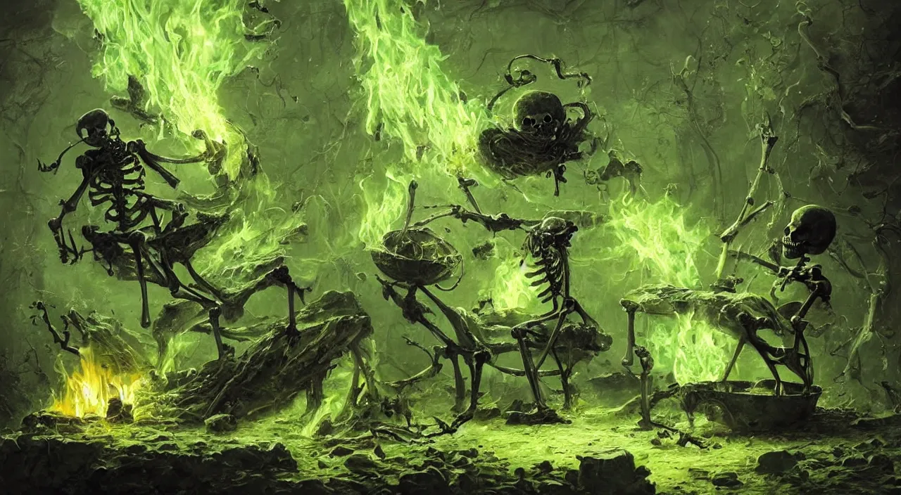 Prompt: A highly detailed oil painting by Greg Rutkowski of a skeleton wearing black robes making a potion in a huge bubbling cauldron glowing bright green, with lots of fire coming from it, highly detailed fantasy concept artwork, very realistic, green and black color scheme, graffiti.