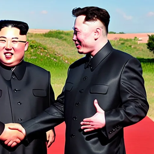 Prompt: a photograph of Elon Musk shaking hands with Kim Jong Un, AP news, 4k