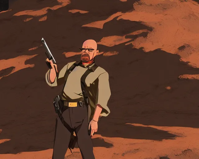 Image similar to walter white in a desert with a gun, anime artstyle, detailed, accurate, 4 k, cinematic, dynamic lighting