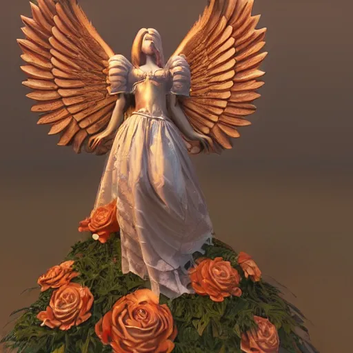 Image similar to fully body image of baroque style ornate warrio angel standing in bed of roses surounded by fire and smoke, moody rim light, dynamic lighting, cinematic shot, ultra detail, renderman, physically based render