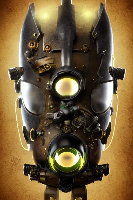 Image similar to steampunk mask minimalist fantasy art robot ninja helmet, global illumination ray tracing hdr fanart arstation by sung choi and eric pfeiffer and gabriel garza and casper konefal radiating a glowing aura