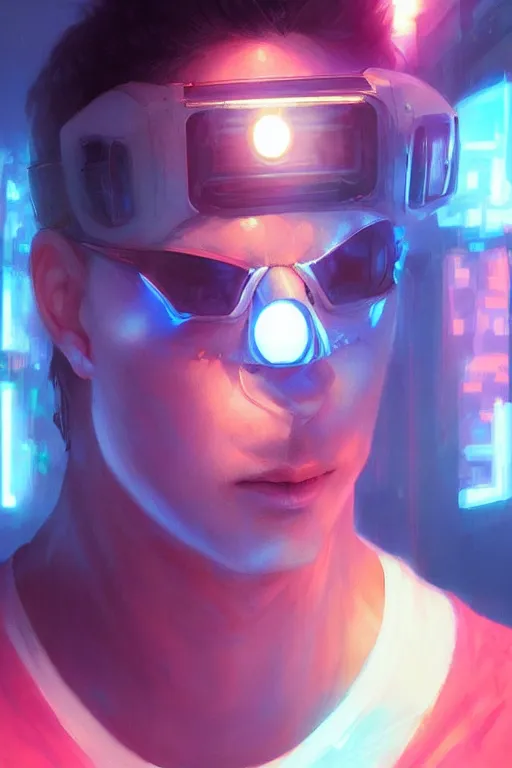 Image similar to portrait Ron Wisly with visor in cyberpunk, harry potter, neon lighting, night city, digital art from artstation by Ruan Jia and Mandy Jurgens and Artgerm and william-adolphe bouguereau and Greg Rutkowski