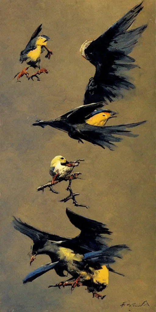 Image similar to painting, frank frazetta, birds