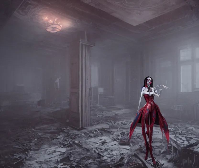 Image similar to imperial princess knight gothic girl standing on an abandoned hospital room with red ceiling lighting and several blue lights on the walls, gloomy and foggy atmosphere, octane render, artstation trending, horror scene, highly detailded