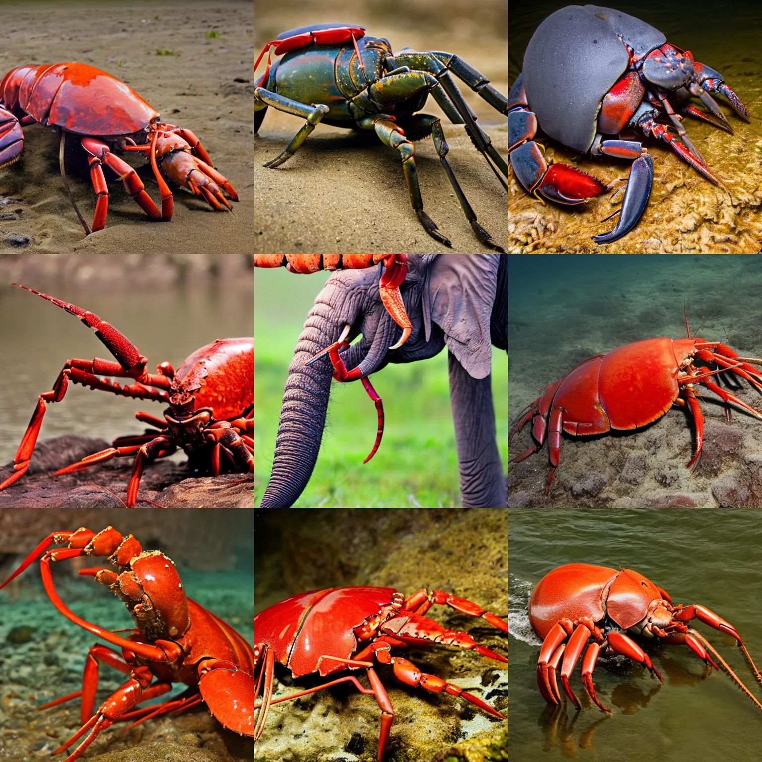 Prompt: a lobster-elephant-lobster, wildlife photography