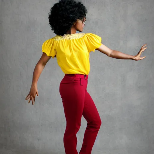 Image similar to Studio portrait of fashionable female professional dancer, dark skin, short curly hair, yellow pants, red top, expressive posture