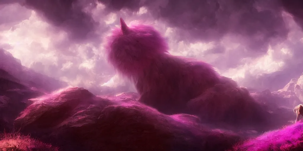 Image similar to a photo of white fur monster standing in a purple room, vivd color, detailed, cinematic landscape, atmospheric lightintg, colorfull sky, dynamic angle, good composition, fantasy world, upon the clouds, trending on artstation art by thomas moran
