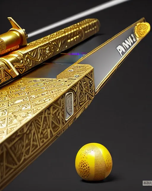 Image similar to A ping pong launcher weapon, highly detailed, intricate gold patterns, sharp focus, art by Artgerm and Greg Rutkowski and WLOP